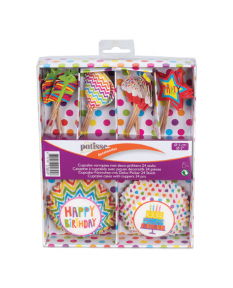 Set 24 hartii pentru briose si 24 stegulete pentru zile de nastere, 5 cm- PATISSE